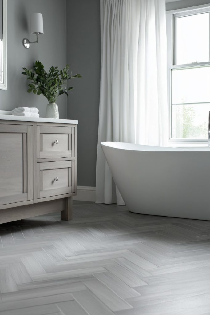 A modern bathroom with a freestanding bathtub, gray vanity with drawers, potted plant and herringbone tiled floor. A white curtain partially covers a window.