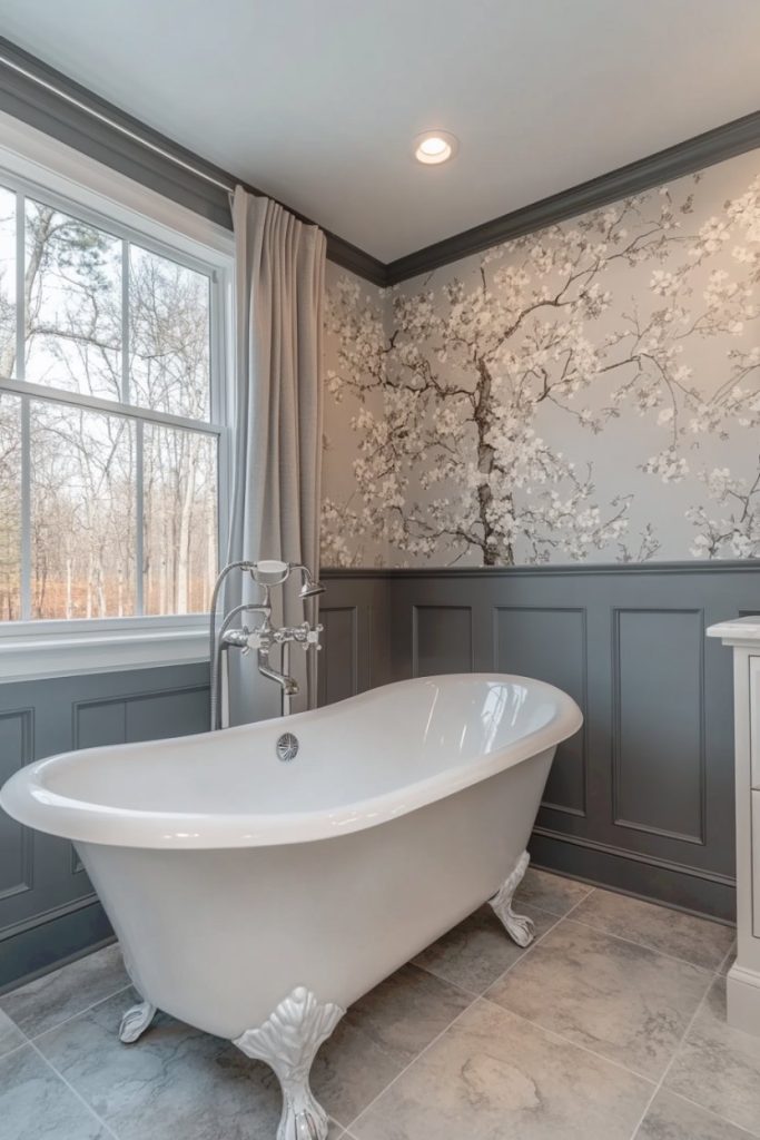 Freestanding bathtub with claw foot design in a bathroom. Floral wallpaper, gray paneling, large window and neutral tile floor.