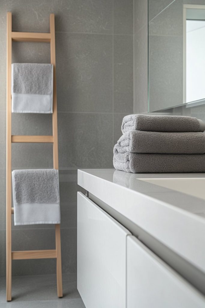 A bathroom with a wooden ladder with white and gray towels lying on it, next to a sink with folded gray towels on the counter.