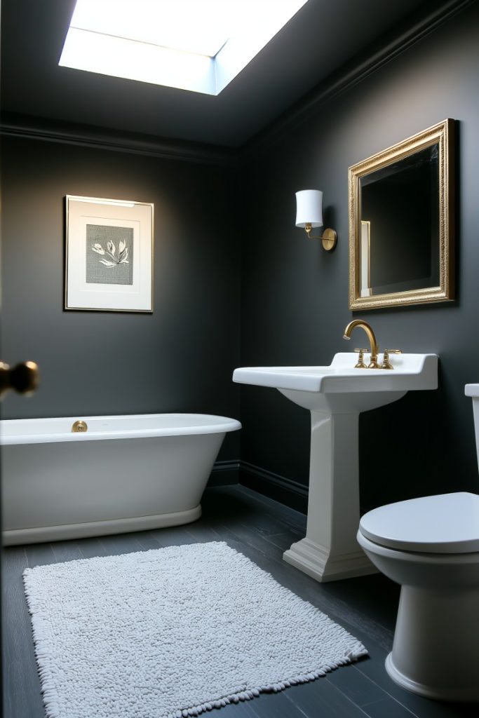 Bathroom with skylight, white bathtub, pedestal sink and toilet. Features a gold framed mirror, wall light and framed artwork. Dark walls and floors are contrasted by a white carpet.