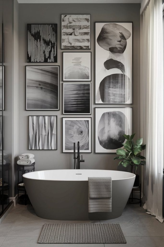 Bathroom with a freestanding white bathtub, towel, houseplant and a wall decorated with black and white abstract artwork. Natural light comes through a large window with sheer curtains.