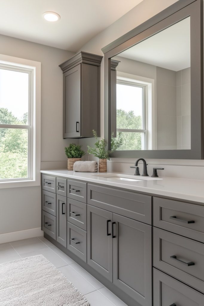 A modern bathroom with gray cabinets, a large mirror and two sinks. Two small plants and folded towels are placed on the countertop. A window on the left provides a view of the greenery.