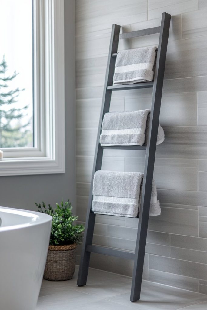 A wooden ladder with neatly folded gray towels leans against a tiled bathroom wall near a large window and a potted plant.