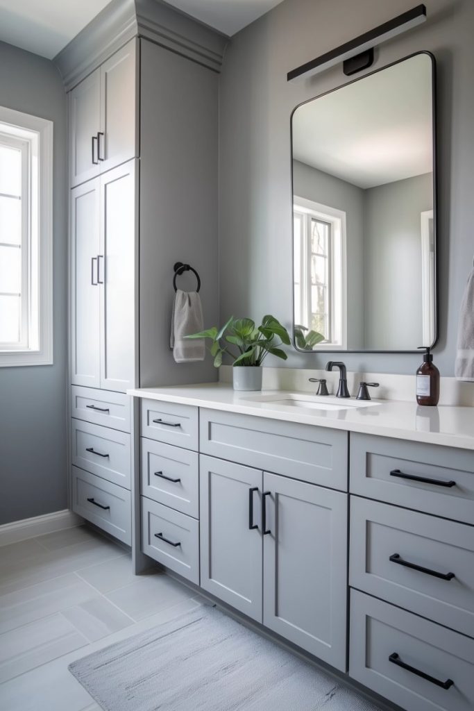 Modern bathroom with gray cabinets, a large mirror and a white countertop. You can see a potted plant, a soap dispenser and a towel. Natural light comes in through the window.