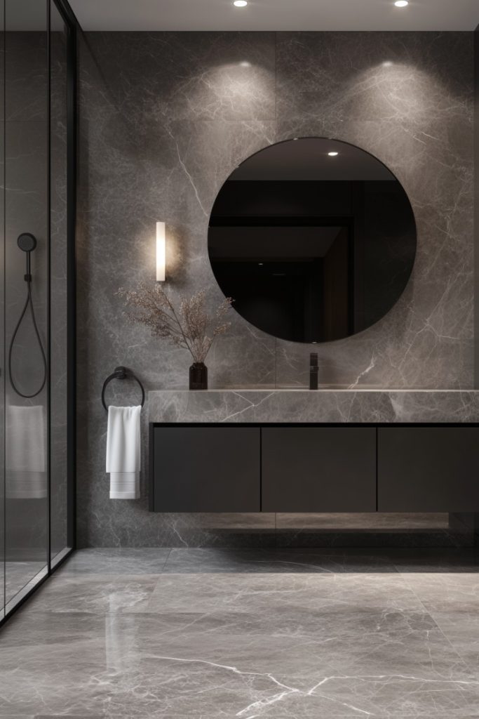 Modern bathroom with marble walls and floor, a round mirror and an elegant black vanity. A towel hangs on a ring next to the shower. Subtle ceiling lighting brightens the room.