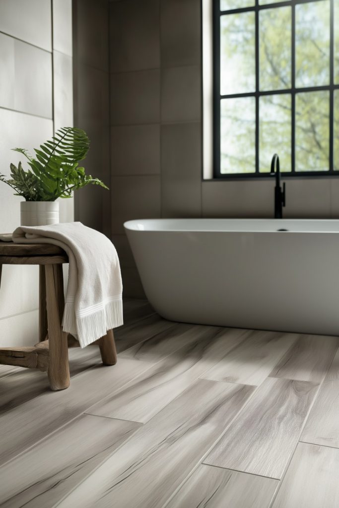 The bathroom has a free-standing bathtub, a wooden stool with a potted plant and a towel, and a large window with a view of the greenery. The floor is covered with gray, wood-like tiles.