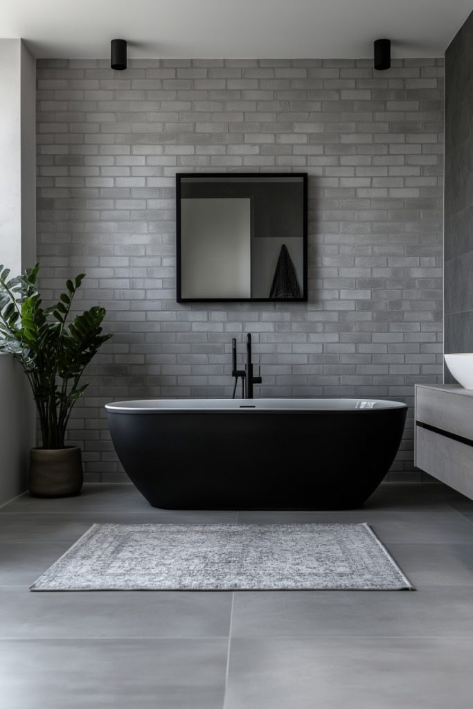 Modern bathroom with black freestanding bathtub, gray brick wall, square mirror and potted plant. Gray carpet on tiled floor. Minimalist design.