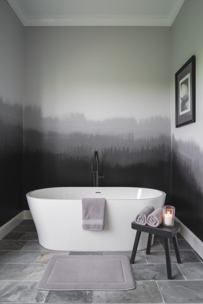 A modern bathroom with a white freestanding bathtub, a black faucet, a gray gradient wall, a gray mat, gray towels on a black stool, a lit candle and framed artwork.