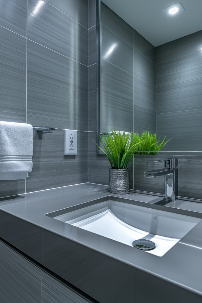 Modern bathroom with gray tiles, rectangular sink, chrome faucet, towel on a shelf and small green potted plant on the countertop.