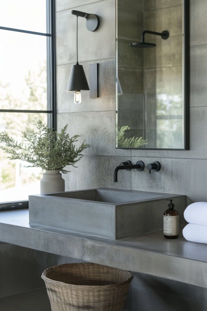 Modern bathroom with concrete sink, black wall-mounted faucet and rectangular mirror. On the counter are a basket, folded towels, a potted plant and a bottle. Ceiling light above.