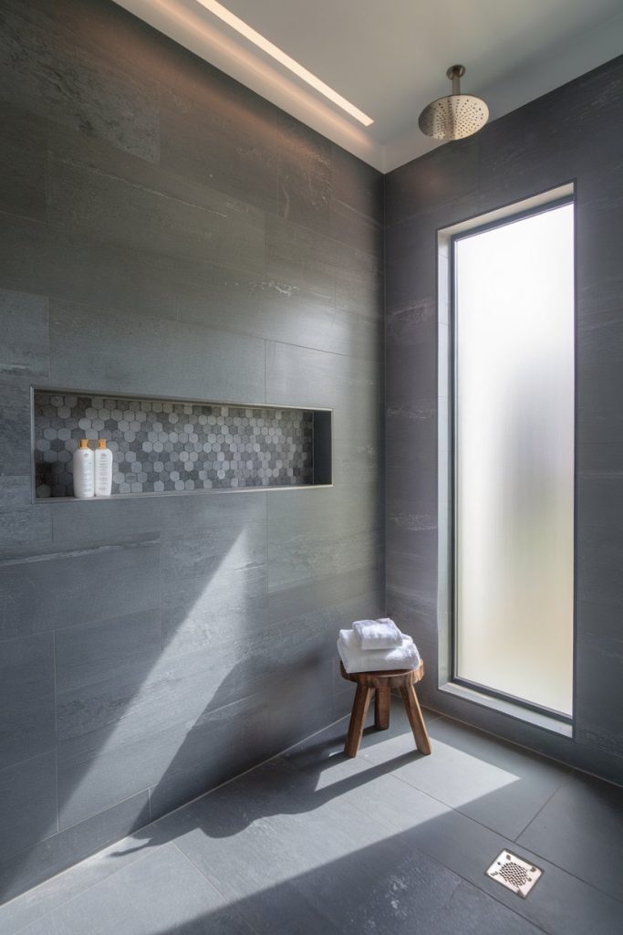 Modern shower with dark tiles, a wall niche with toiletries, a frosted glass window and a wooden stool with white towels under a ceiling-mounted shower head.