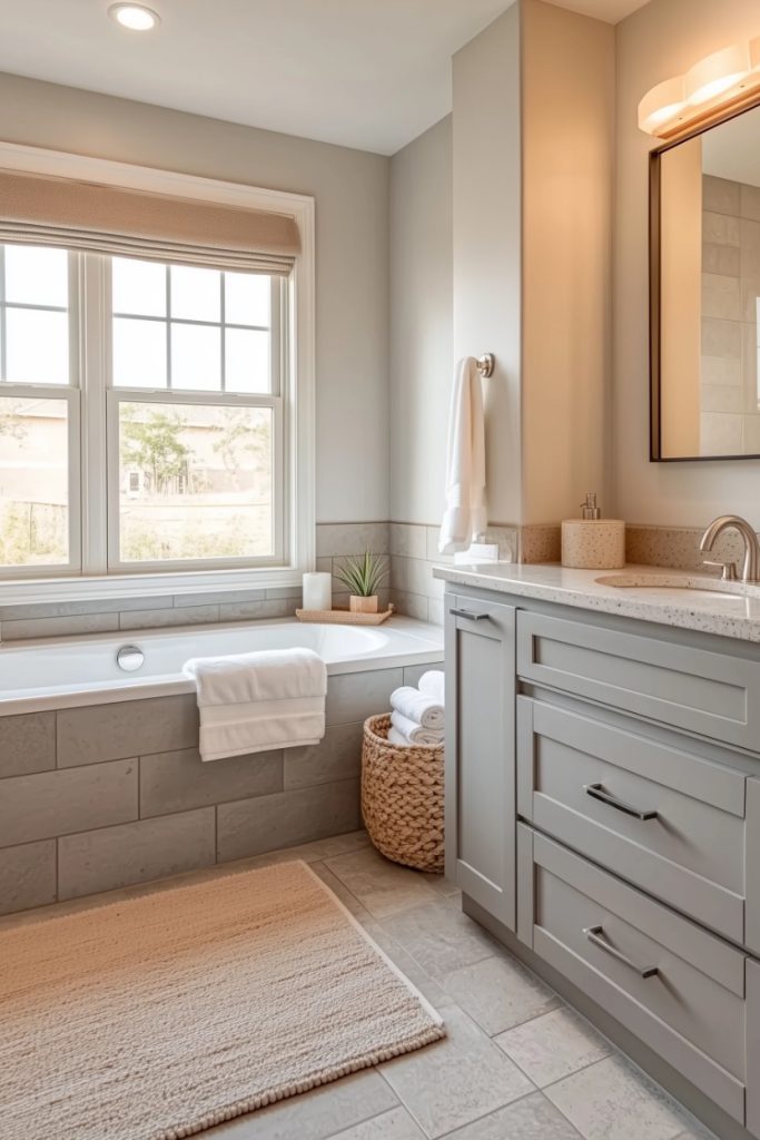 A modern bathroom with a bathtub under a window, a vanity with a mirror and a towel basket. Natural light filters through the window, highlighting the neutral tones and clean design.