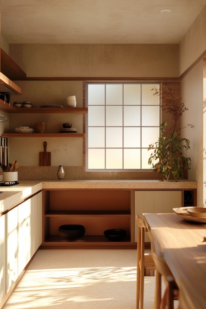 A bright kitchen with wooden accents, open shelves with dishes, a countertop with utensils, a large window and a dining table with chairs. A plant can be seen at the window.