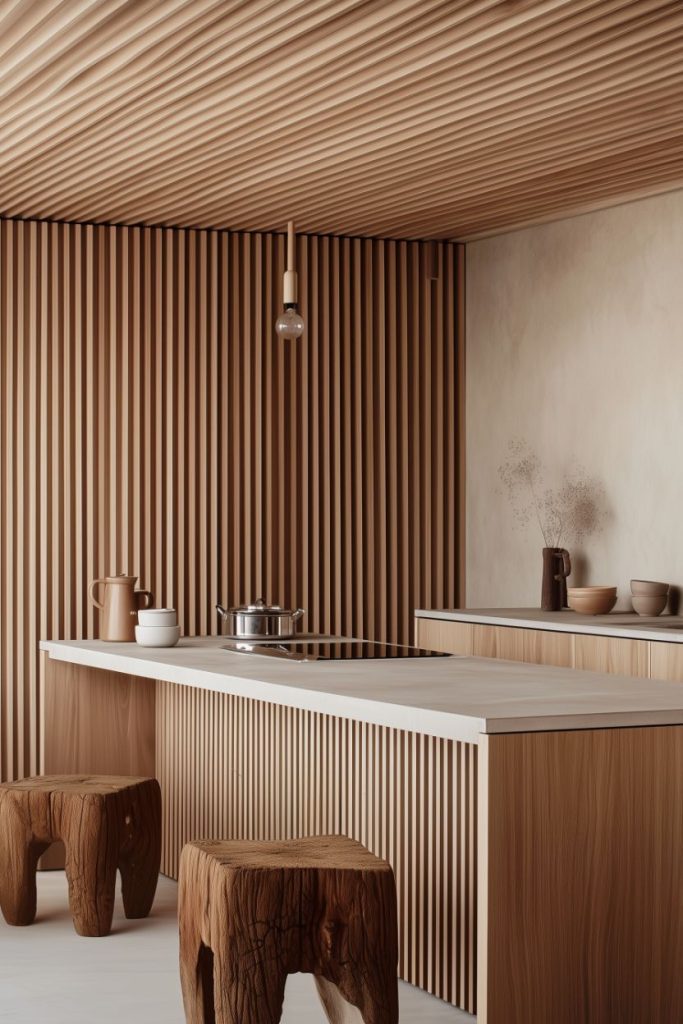 Modern kitchen with vertical wooden slatted walls, light countertop, two wooden stools, cookware and ceramics on the surfaces. A single light bulb hangs from the ceiling.