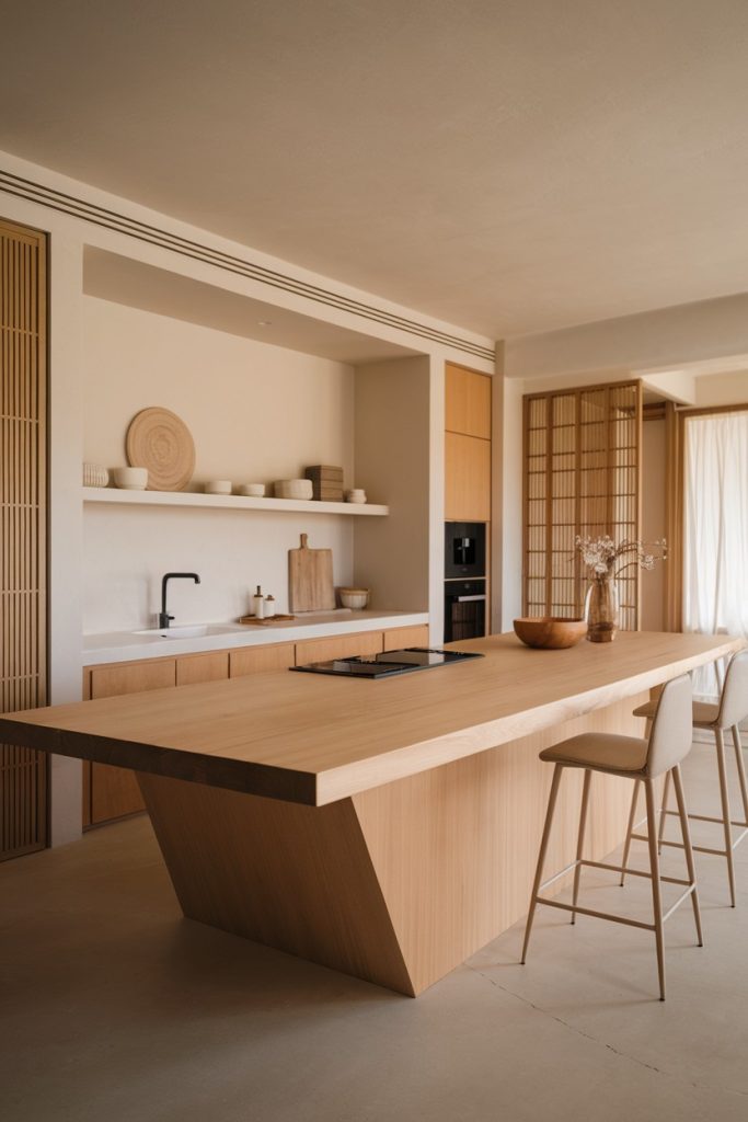 Minimalist kitchen with large wooden island, bar stools, built-in shelves and light wood accents. Neutral tones create a calm atmosphere.