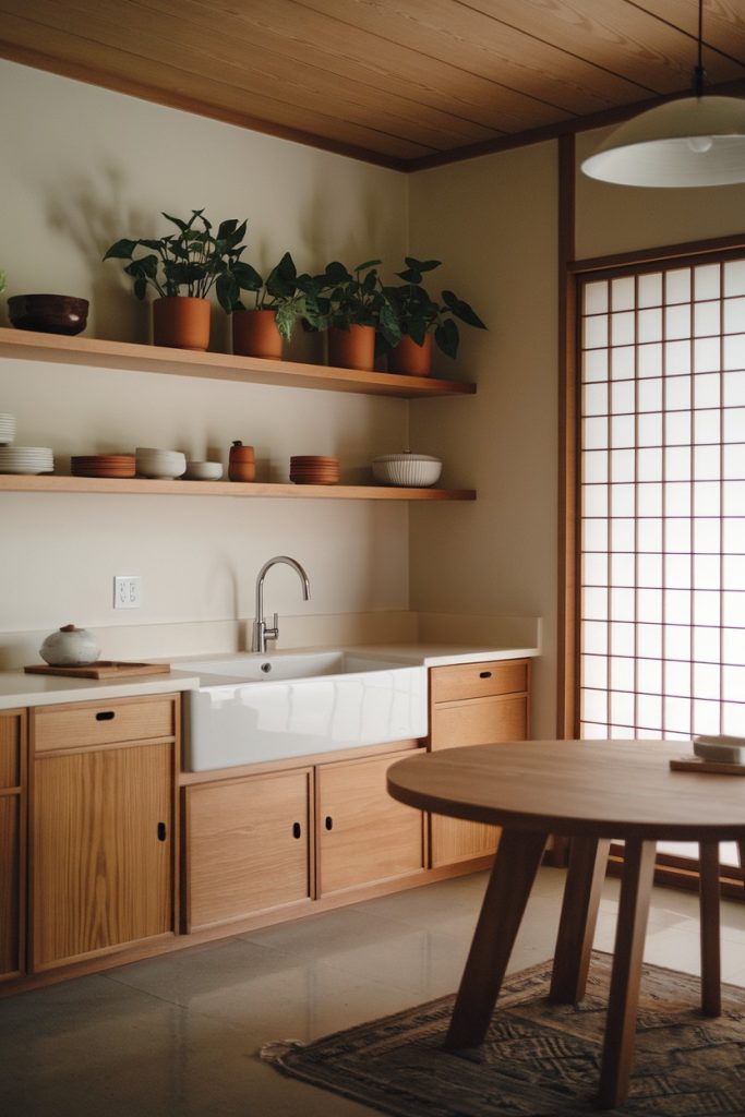 Minimalist kitchen with wooden cabinets, open shelves with plants and bowls, a white farmhouse sink and a round wooden table. Sliding door with Shoji fly screen on the right side.