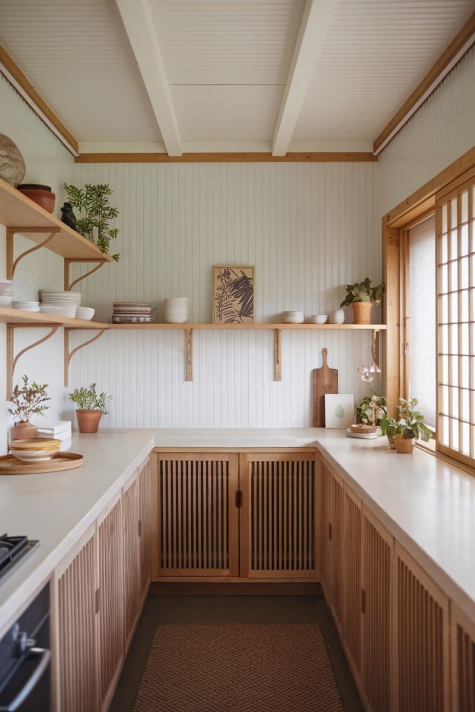 A small, minimalist kitchen with wooden cabinets, open shelving and potted plants. A window on the right lets in natural light and brightens the neutral decor.