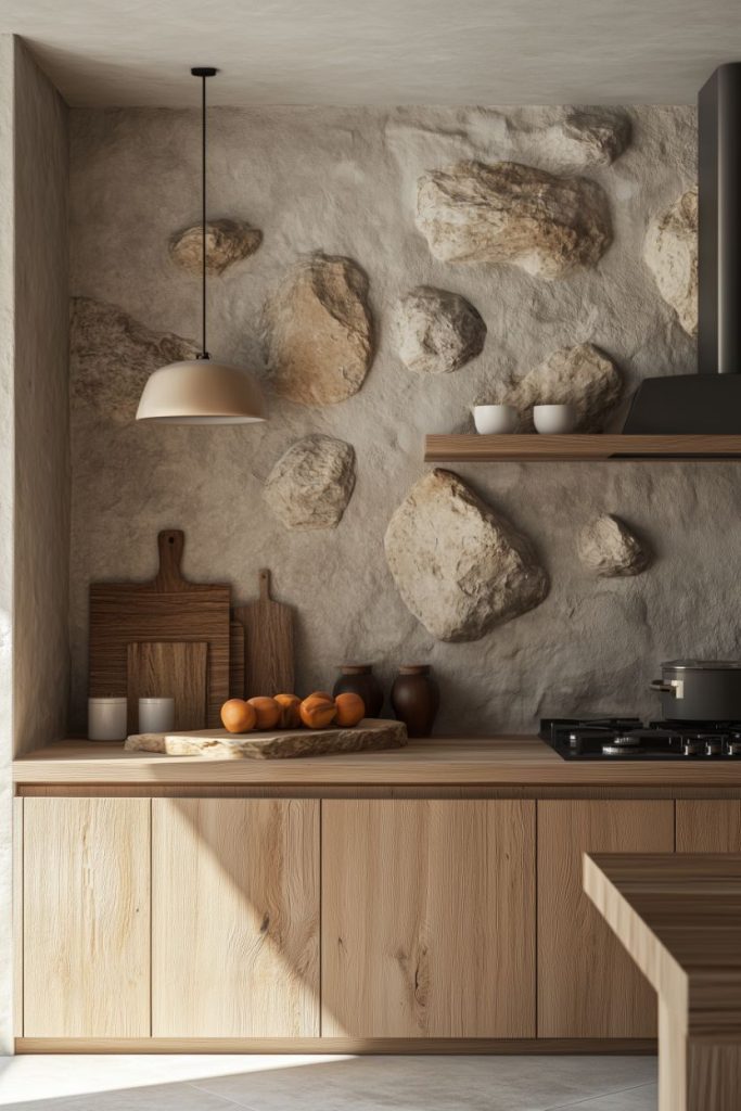 A modern kitchen with a stone accent wall, wooden cabinets, hanging pendant light and a countertop with oranges, cutting boards and small containers.