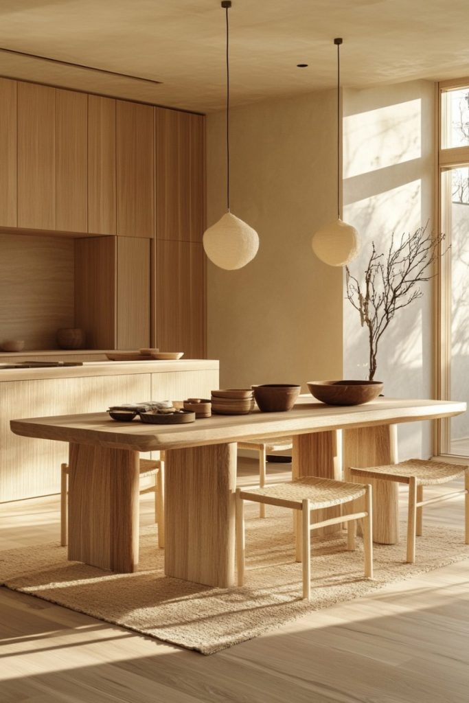 Minimalist dining area with wooden table, chairs and pendant lights. Neutral tones and natural light create a warm atmosphere.