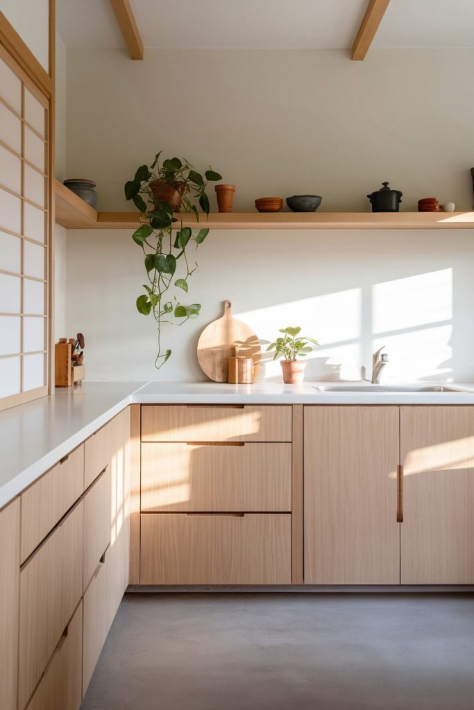 Minimalist kitchen with light wooden cabinets and countertops. There is a hanging plant and various pottery on the shelves. Sunlight streams through a window above the sink.