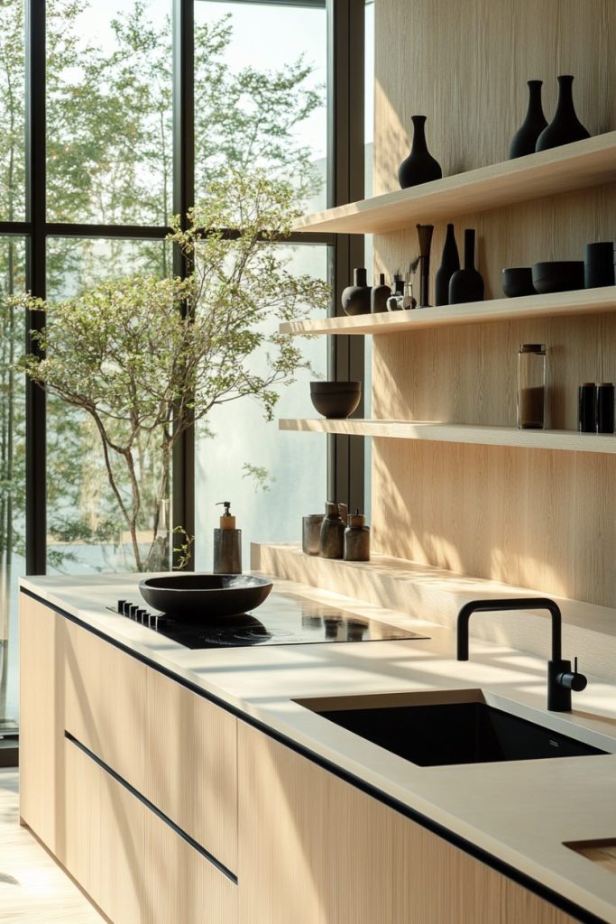 Modern kitchen with light wood cabinets, open shelving, black accents and large windows. A minimalist design with natural light and a tree visible outside.