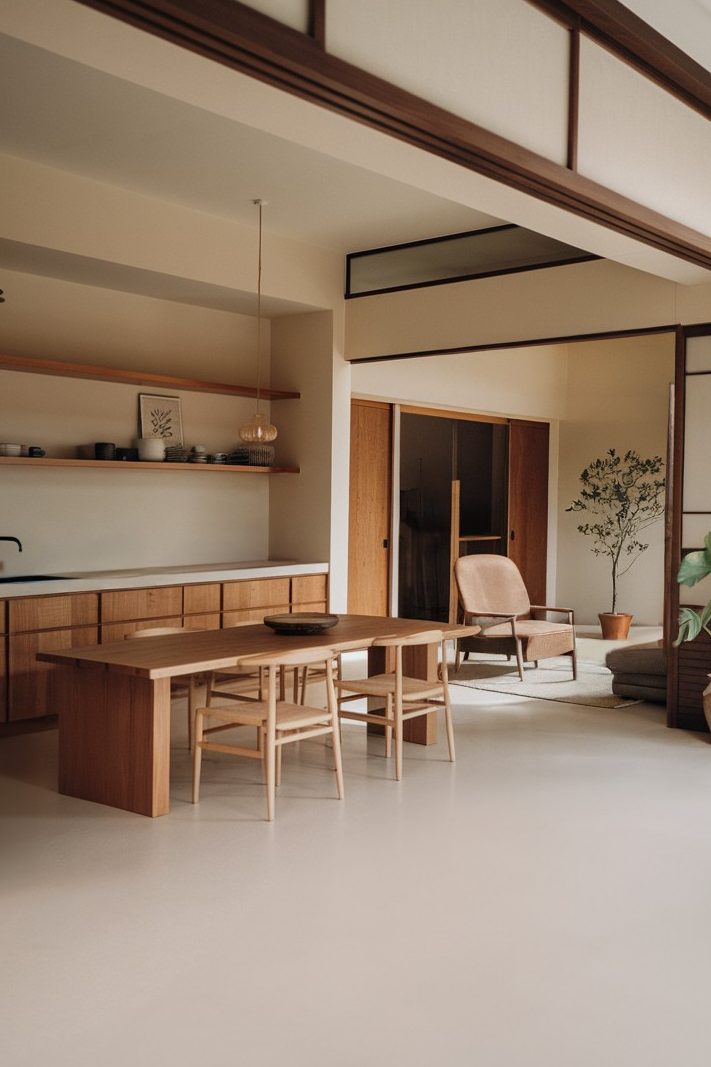 Minimalist room with a wooden dining table and chairs, a lounge chair, a potted plant and wall shelves. The space features a neutral color palette with natural light from large windows.