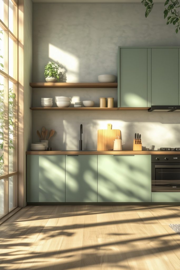 A modern kitchen with green cabinets, open shelving and a wooden worktop. Sunlight streams through a large window, casting shadows on the wooden floor.