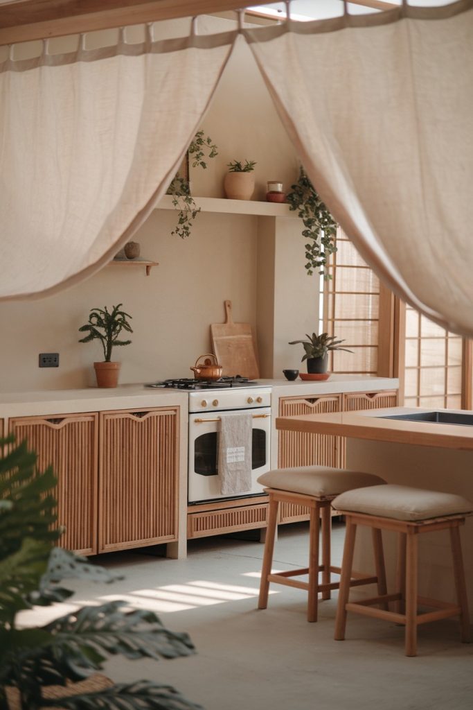 A minimalist kitchen with wooden cabinets, potted plants and a light curtain. A stove, oven and stools are visible. Natural light comes in through the large windows.