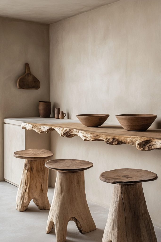 Minimalist kitchen with natural wood elements, including a rough-hewn countertop and three wooden stools. Bowl and jug on the counter.