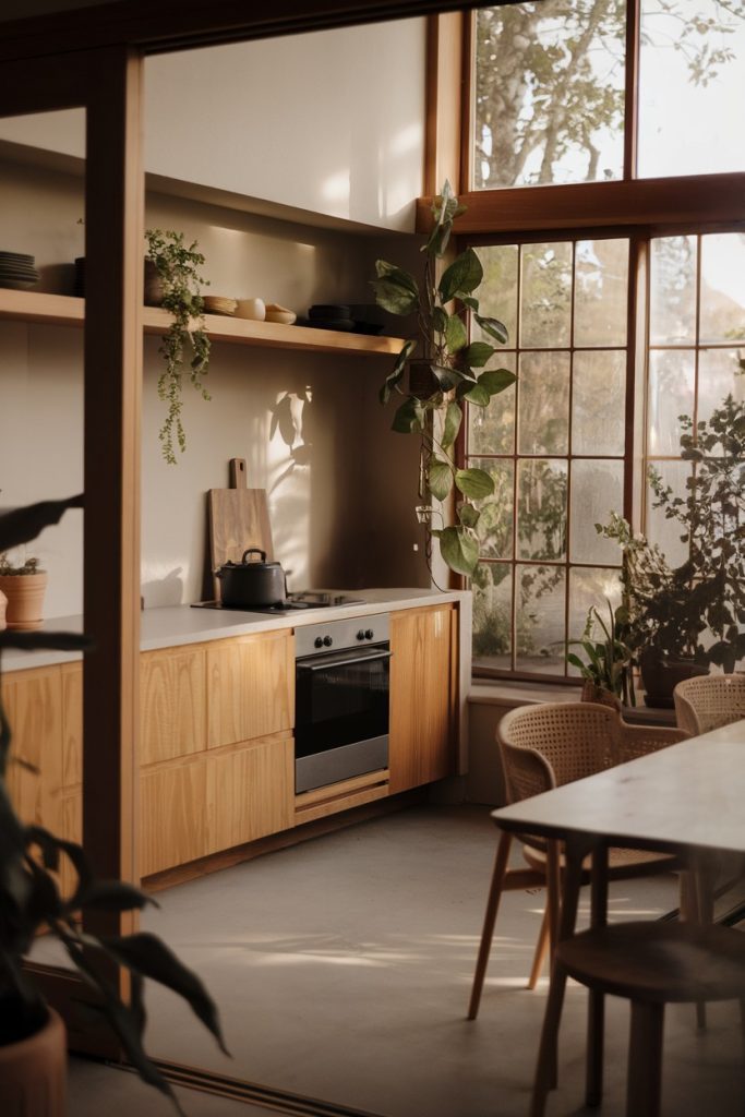 Sunny kitchen with wooden cabinets, black stove, potted plants and large window. In the foreground are a wooden table and chairs.