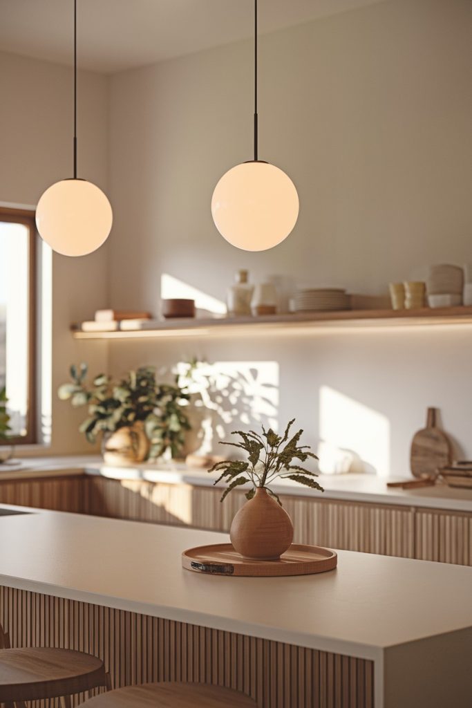 A minimalist kitchen features spherical pendant lights, open shelves with various items, and a central island with a round tray and vase.