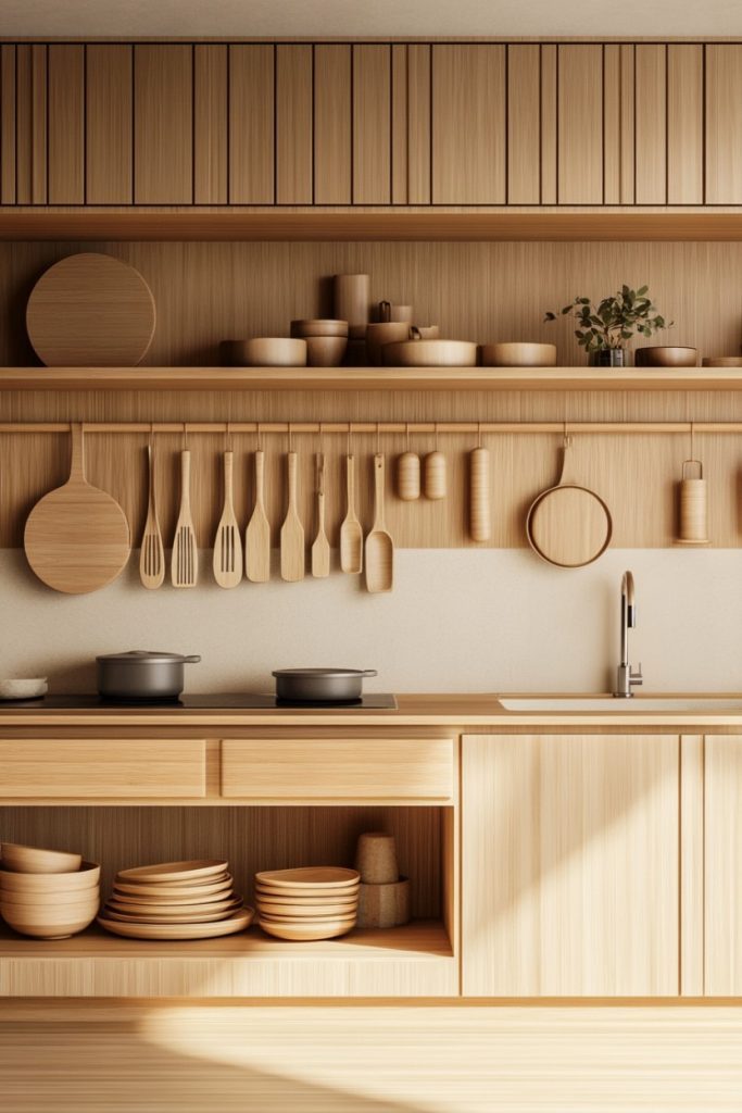 Wooden kitchen with pots, plates, utensils and open shelves. Minimalist design with hanging tools and potted plant near faucet.