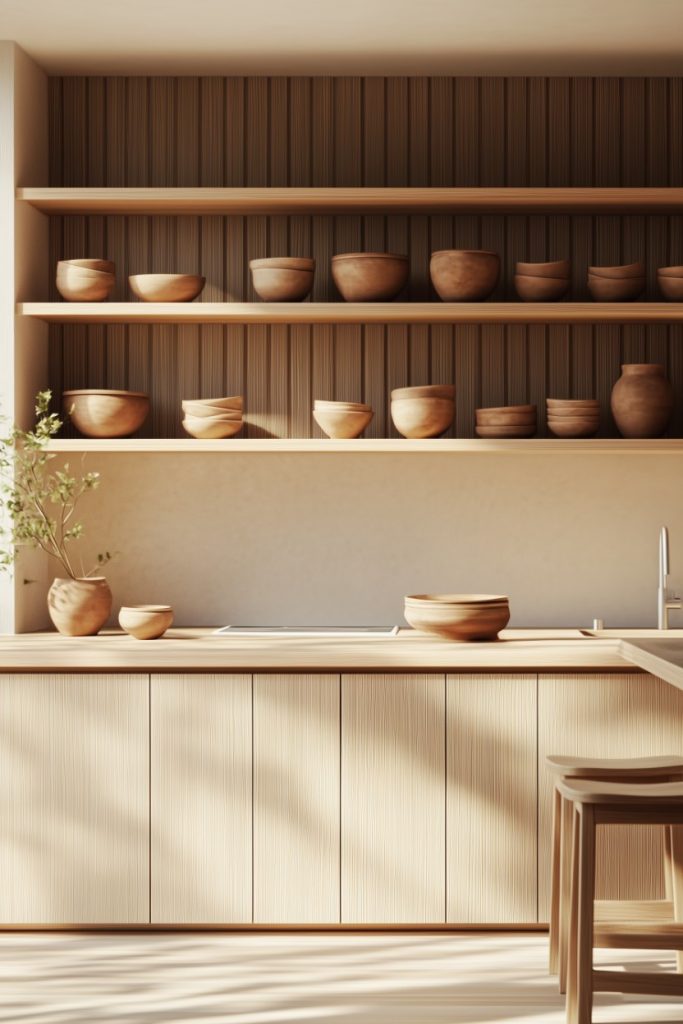 Minimalist kitchen with wooden cabinets and open shelves, with wooden bowls and a few small potted plants, lit by natural sunlight.