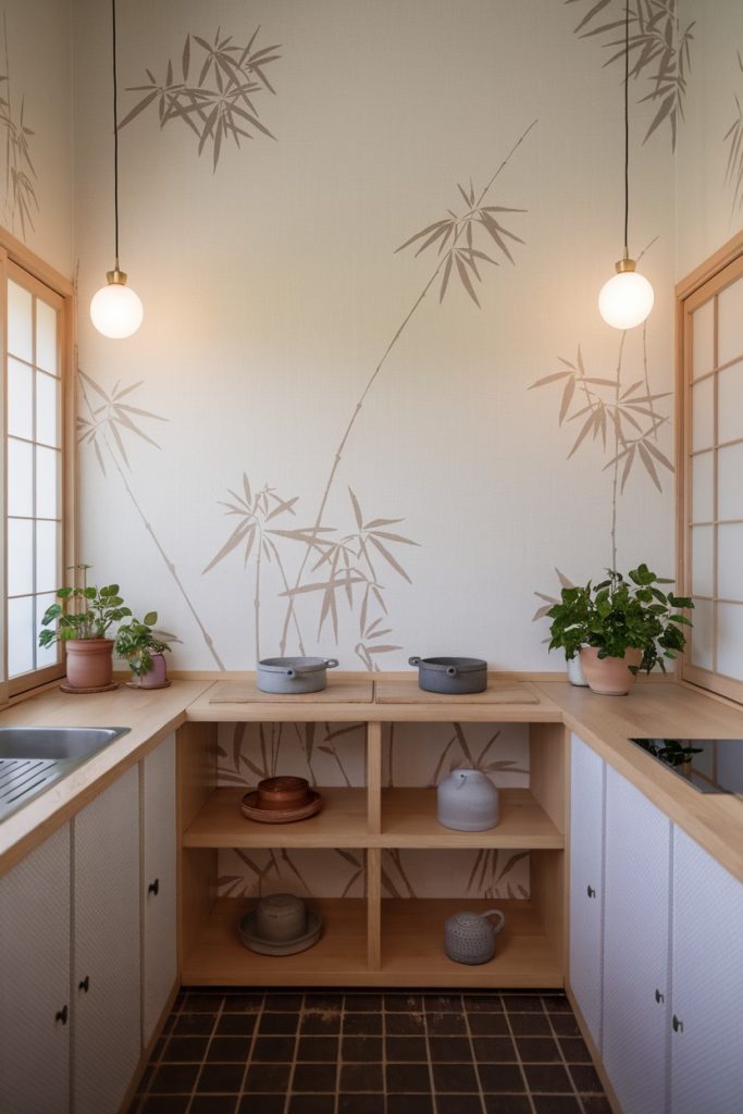 Minimalist kitchen with bamboo pattern wallpaper, two hanging lamps, open shelves with pots and potted plants at the sink.