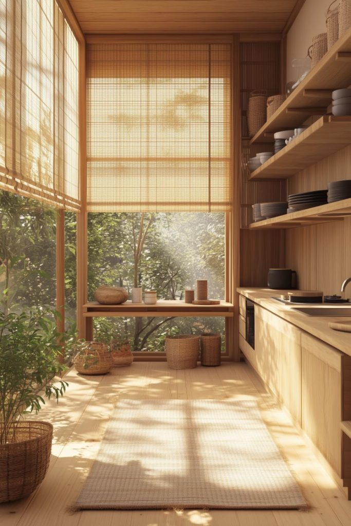 A sun-filled kitchen with wooden shelves, potted plants, a woven rug and bamboo blinds, and a window view of green trees.