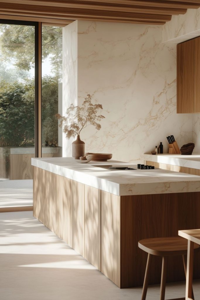 Minimalist kitchen with wood and marble design, equipped with an island, stools and a potted plant. Natural light streams in through the floor-to-ceiling windows overlooking the greenery.