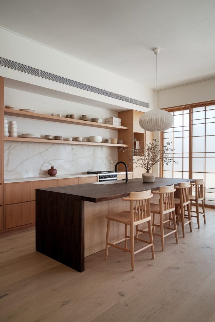 Modern kitchen with marble backsplash, light wooden shelves and a dark work island. There are wooden chairs on one side and a large pendant light hanging above them.