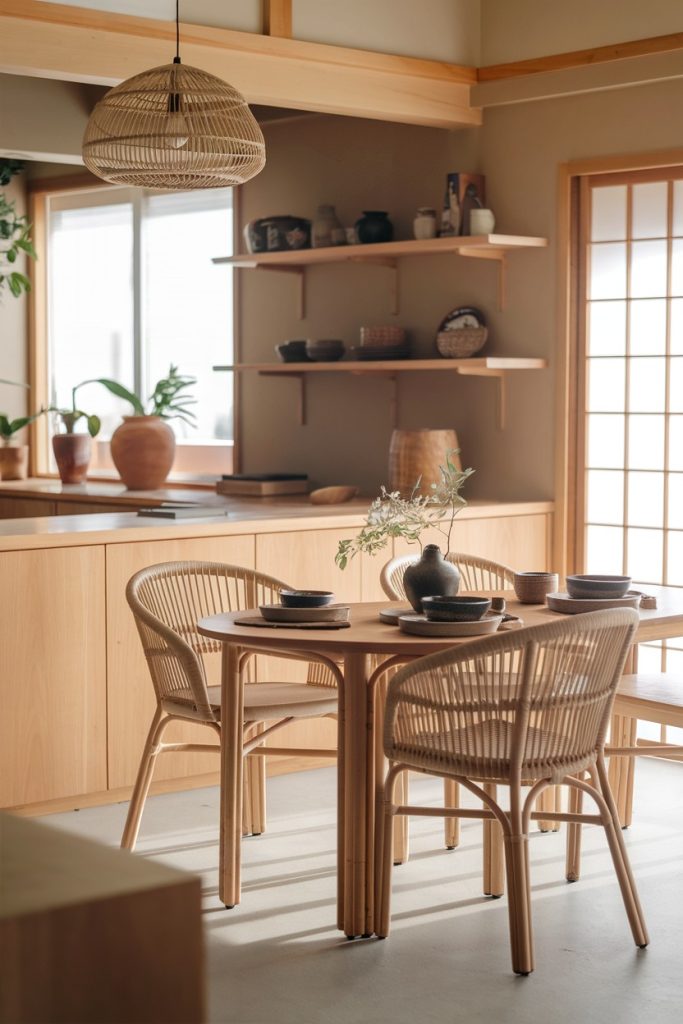 Minimalist dining area with wooden table and chairs, pendant lamp and open shelf. Soft, natural light filters through the window and sliding door, highlighting the décor.