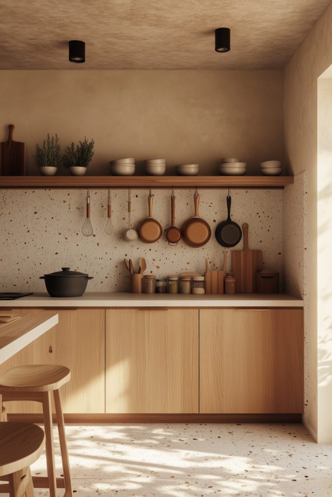 Minimalist kitchen with wooden cabinets and speckled backsplash. Pots, pans and utensils hang above the counter. There are two wooden stools on the island and the shelf is decorated with potted plants.