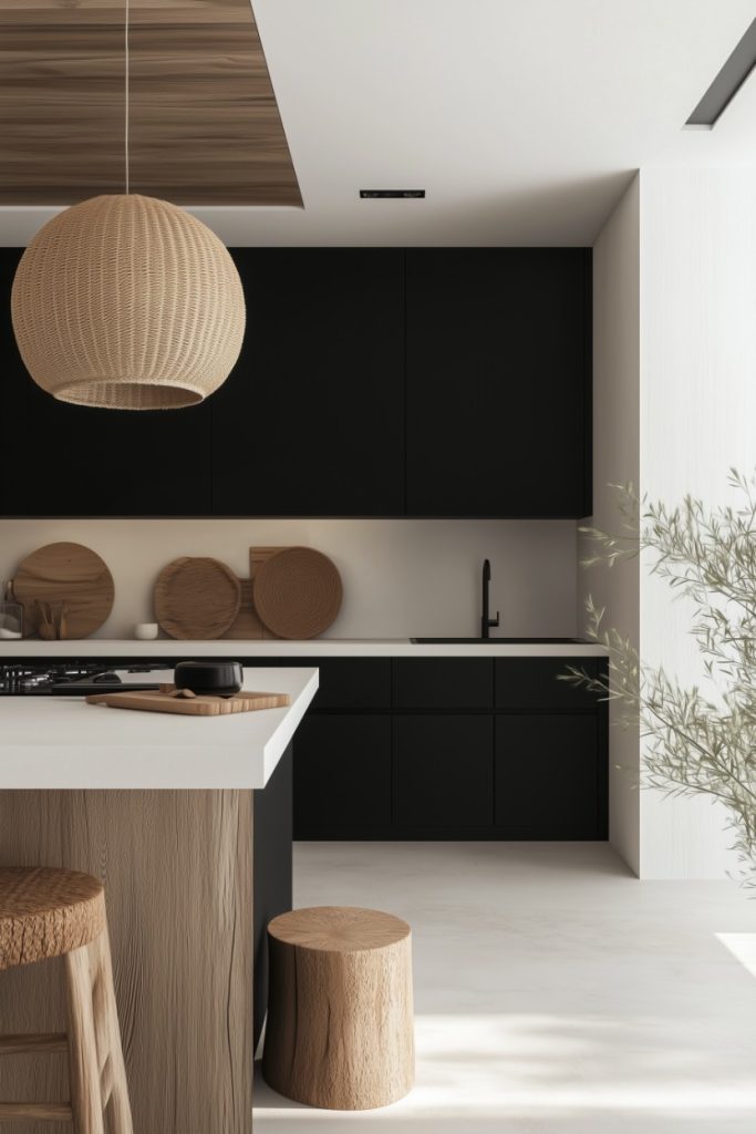 A modern kitchen with black cabinets, a white countertop, and wood accents. A pendant light hangs from the ceiling and there is a small wooden stool next to the counter.