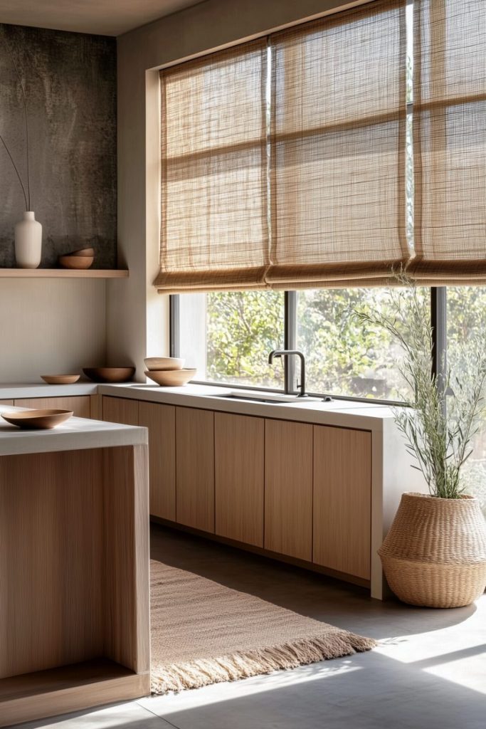 A modern kitchen with wooden cabinets, a woven carpet and a large window with bamboo blinds. There is a potted plant by the window. Natural light illuminates the room.