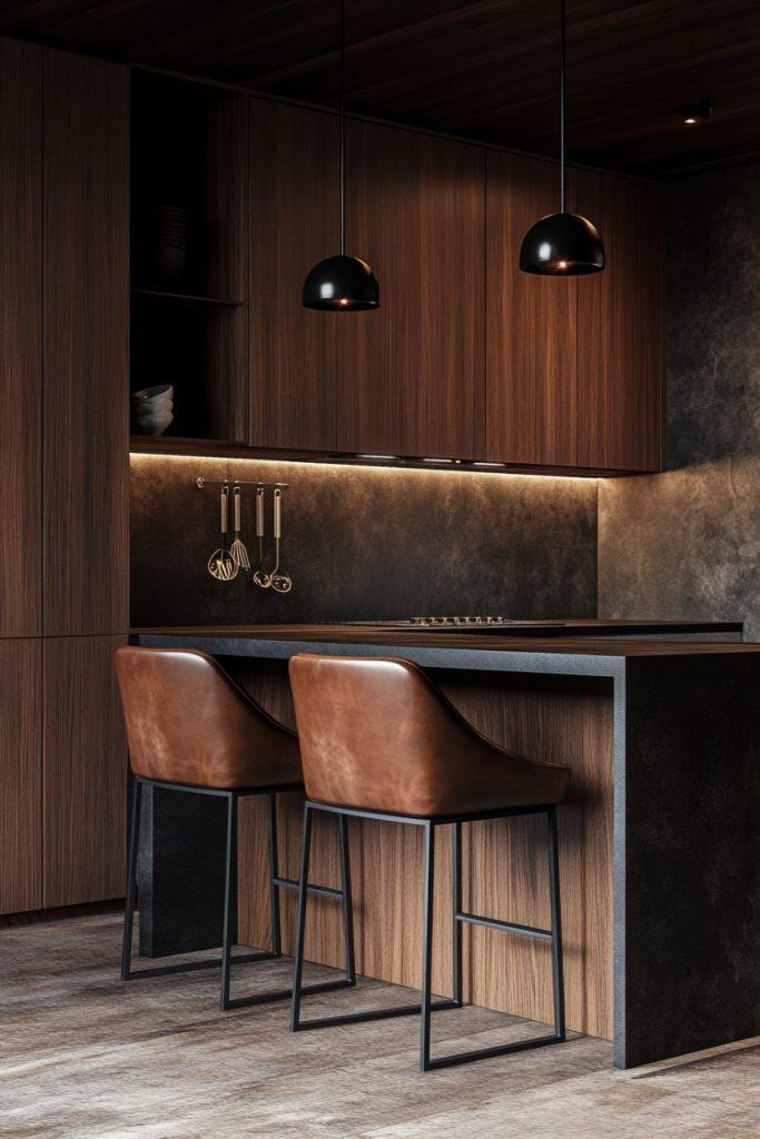 Modern kitchen with dark wood cabinets, black countertops, and two brown leather bar stools on an island. Pendant lights hang above.