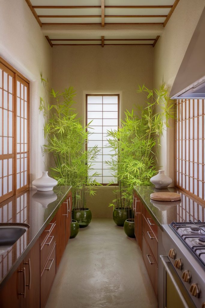 A narrow kitchen with wooden cabinets, green potted bamboo plants, and natural light from a tall, lattice-patterned window.