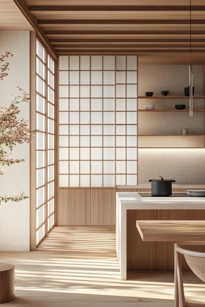 A minimalist kitchen with wooden elements, a white countertop, open shelves with bowls and a shoji window. There is a pot on the countertop and there are trees outside.