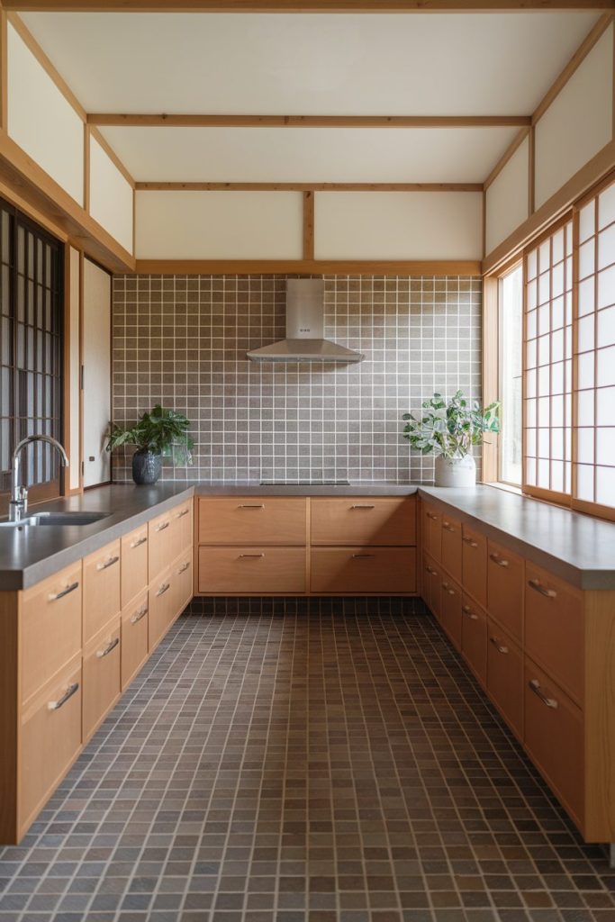 Minimalist kitchen with wooden cabinets, grid pattern tiles on the wall and floor, stainless steel extractor hood and faucet, and two potted plants on the countertop. Natural light streams in.