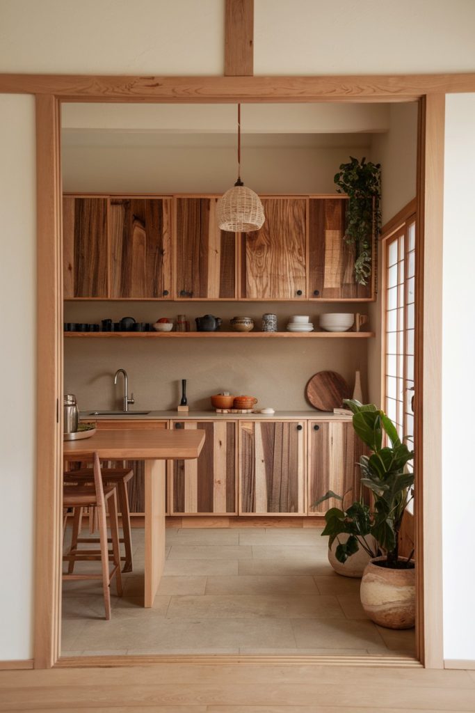 A minimalist kitchen with wooden cabinets, a central island with chairs, a hanging lamp, potted plants and various dishes on shelves.