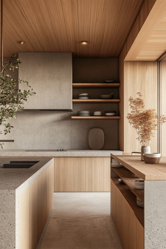 Minimalist kitchen with wooden cabinets, open shelving and concrete countertops. Neutral tones and simple decor, including small potted plants and kitchenware.