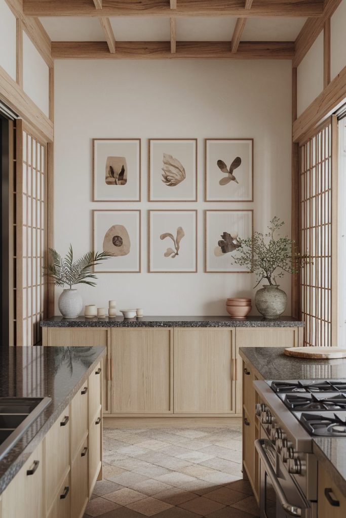 A modern kitchen with wooden cabinets, granite countertops and decorative vases. Six framed botanical prints hang on the wall above the counter.