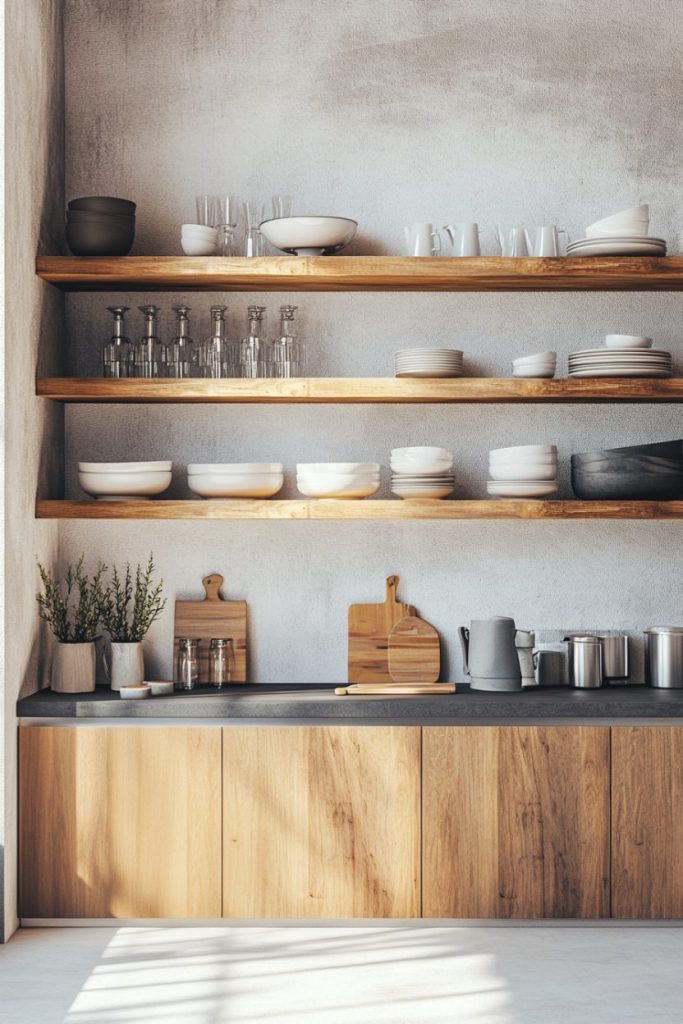 A kitchen with wooden shelves displaying dishes, glasses and bowls. On the countertop there are glasses, cutting boards, a kettle and potted plants. Below are light wood cabinets.