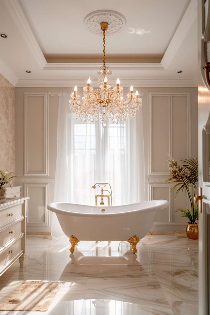 Luxurious bathroom with a white freestanding bathtub, gold fixtures, a crystal chandelier and marble floors. Sunlight streams through large, transparent windows.